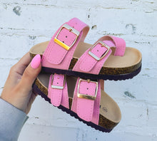 pink buckle sandals