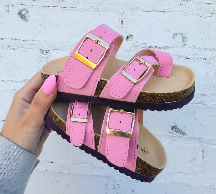 pink buckle sandals