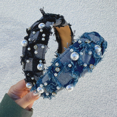 checker denim headband