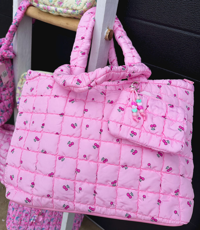 quilted tote bag with coin purse - cherries