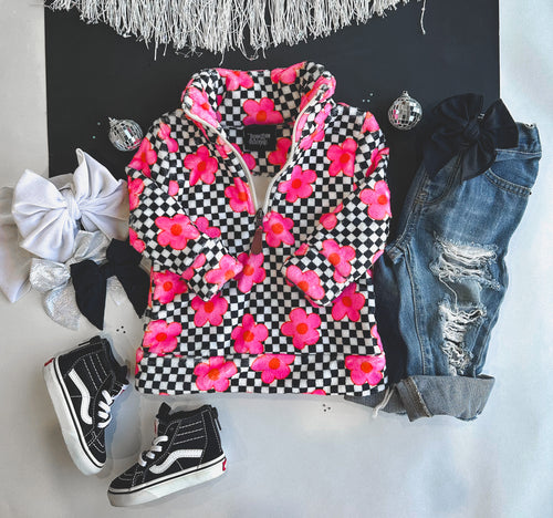 pink floral checker pullover