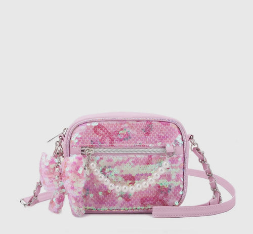 sequin bow crossbody bag with charm