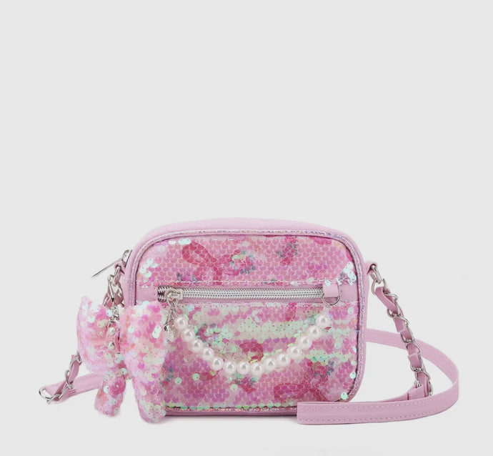 sequin bow crossbody bag with charm